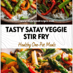 Colorful satay vegetables and rice stir fry served in a rustic bowl showcasing fresh seasonal produce.